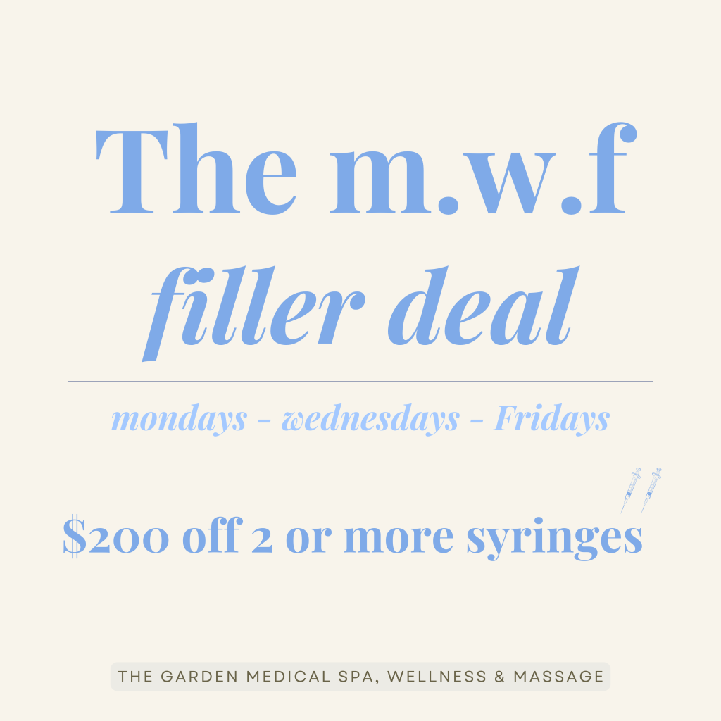 Happy Hour Filler special at The Garden Medical Spa offering discounts on filler treatments every Monday, Wednesday, and Friday.